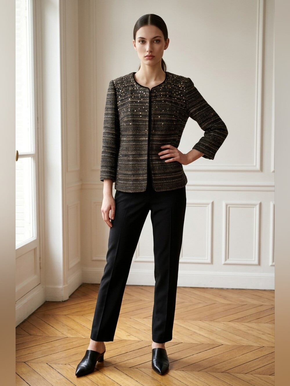 Pleione Black Embellished Open Front Blazer. Size XL
